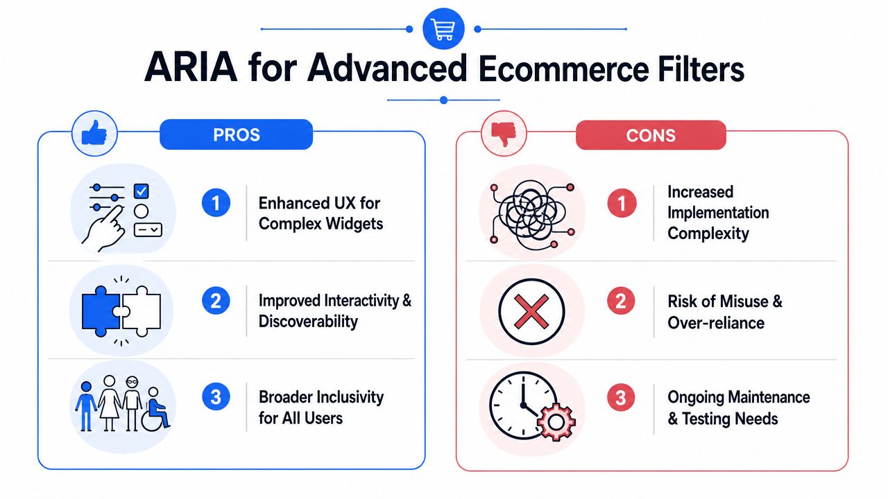 An infographic comparing the pros and cons of using ARIA labels for advanced ecommerce website filtering systems.