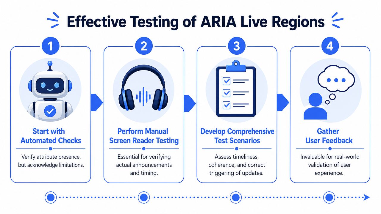 A four-step infographic illustrating a workflow for effectively testing ARIA live regions in web accessibility.