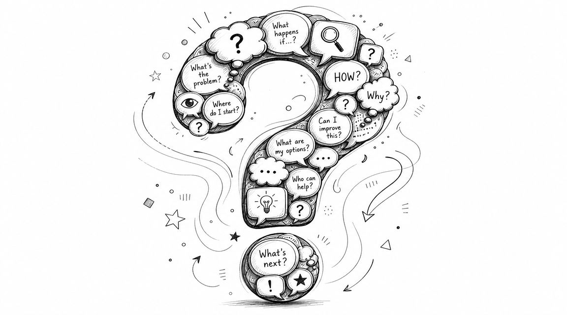 A hand-drawn illustration of a large question mark filled with various thought bubbles containing critical thinking questions.