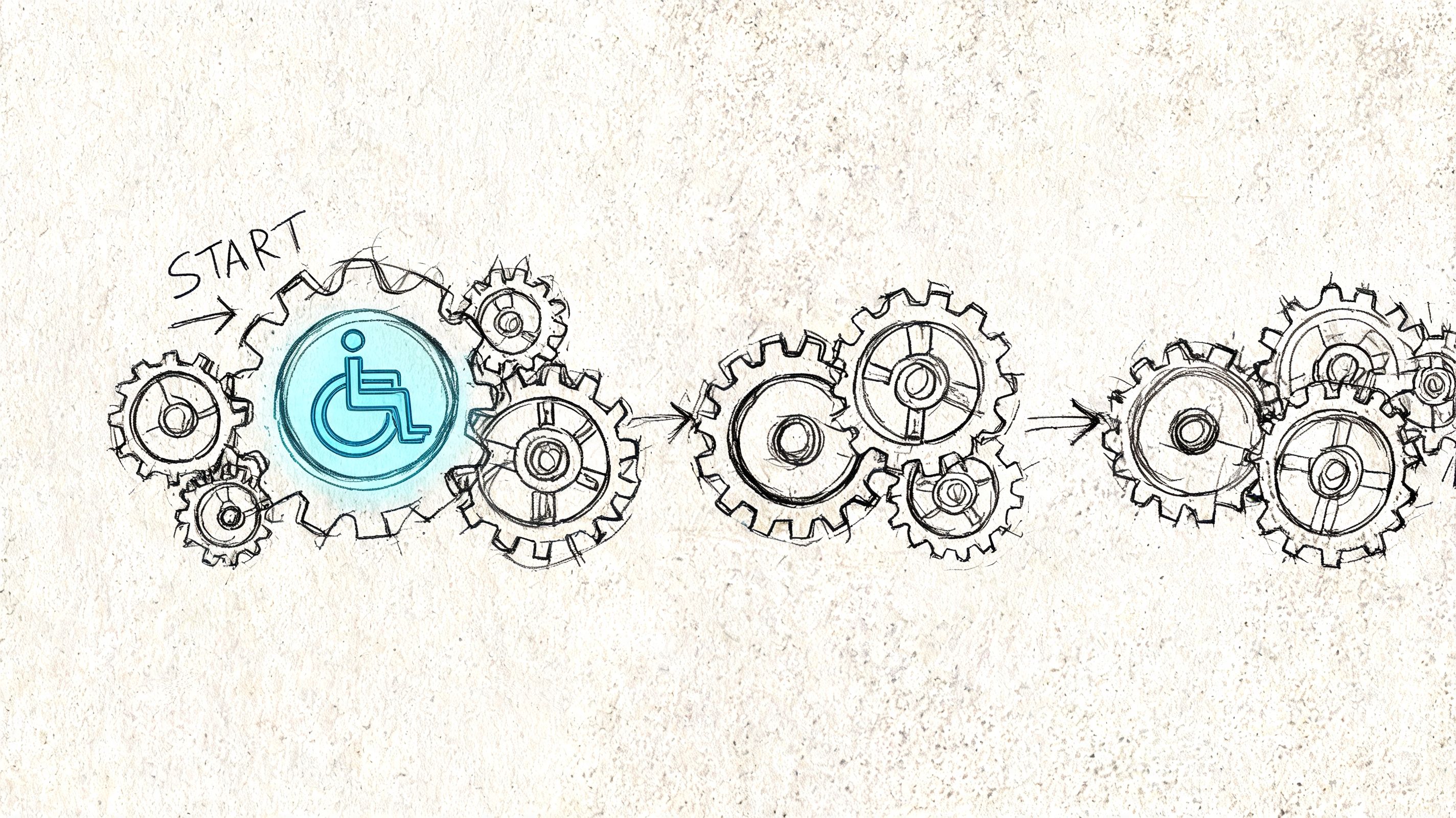 A pencil sketch of gears and a wheelchair accessibility symbol representing an inclusive process and mechanical systems.