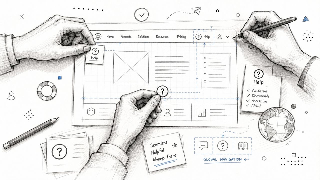 A pencil sketch of hands designing a website layout with help icons and navigation design elements.