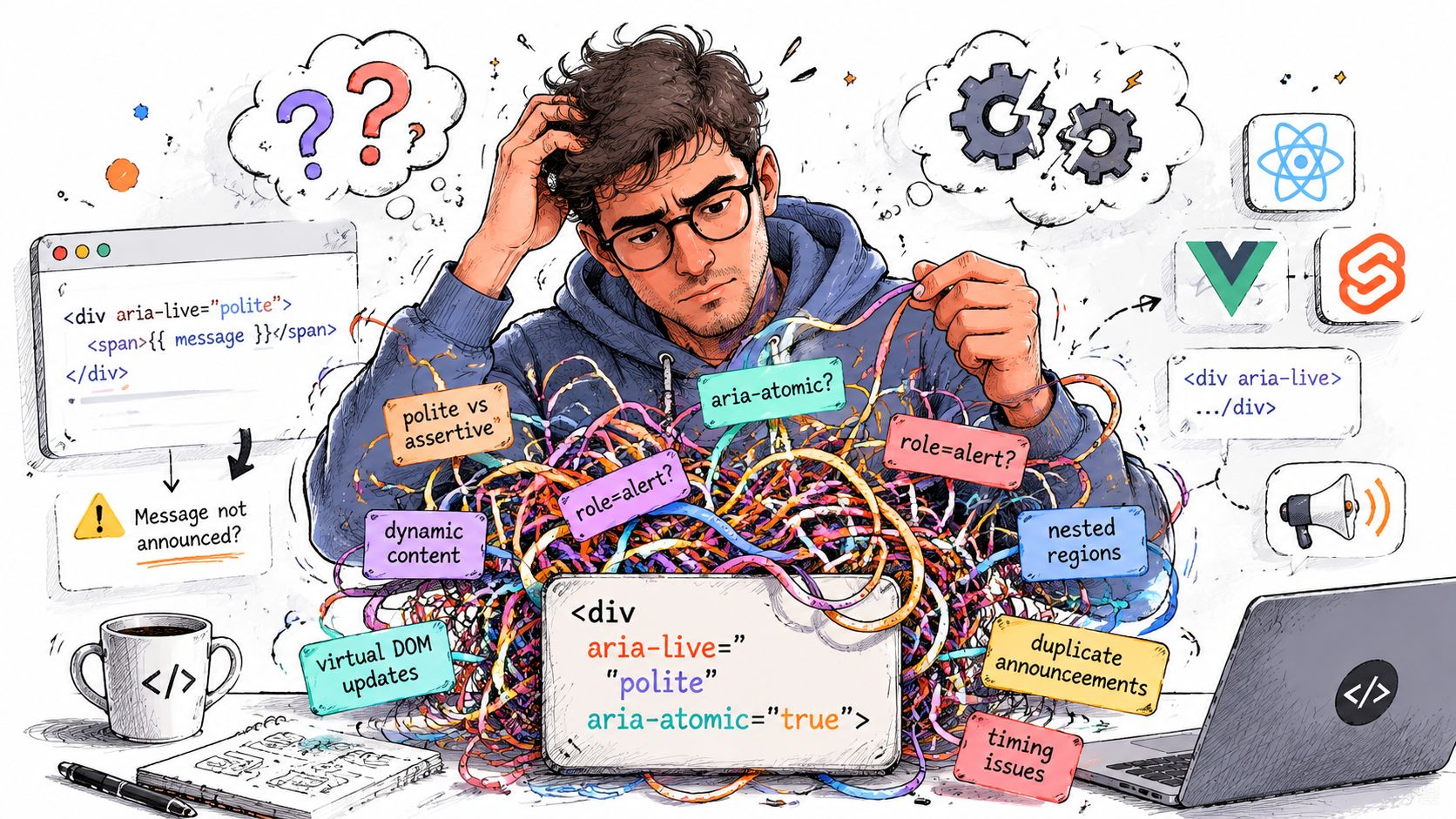 A frustrated developer looking at a tangled web of code snippets and accessibility challenges for aria-live regions.