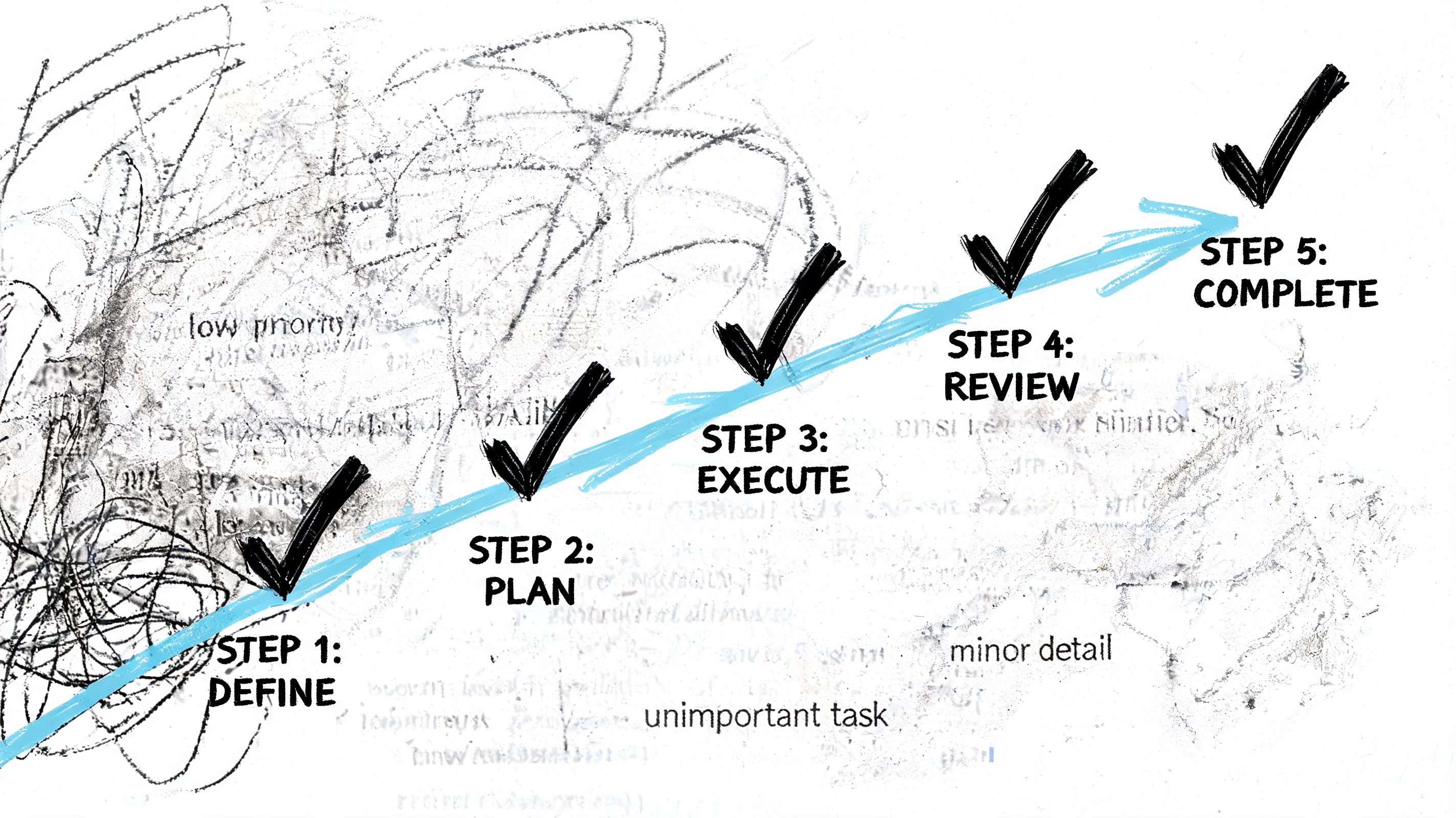 A five-step project progress diagram with checkmarks showing a progression from initial chaos to task completion.
