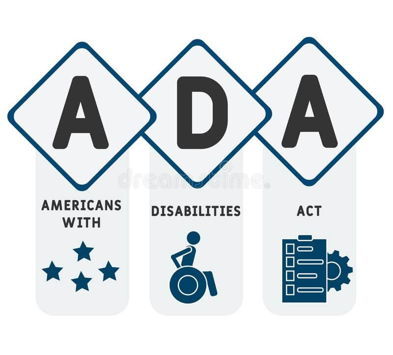 ADA acronym illustration spelling out Americans with Disabilities Act with star, wheelchair, and checklist icons