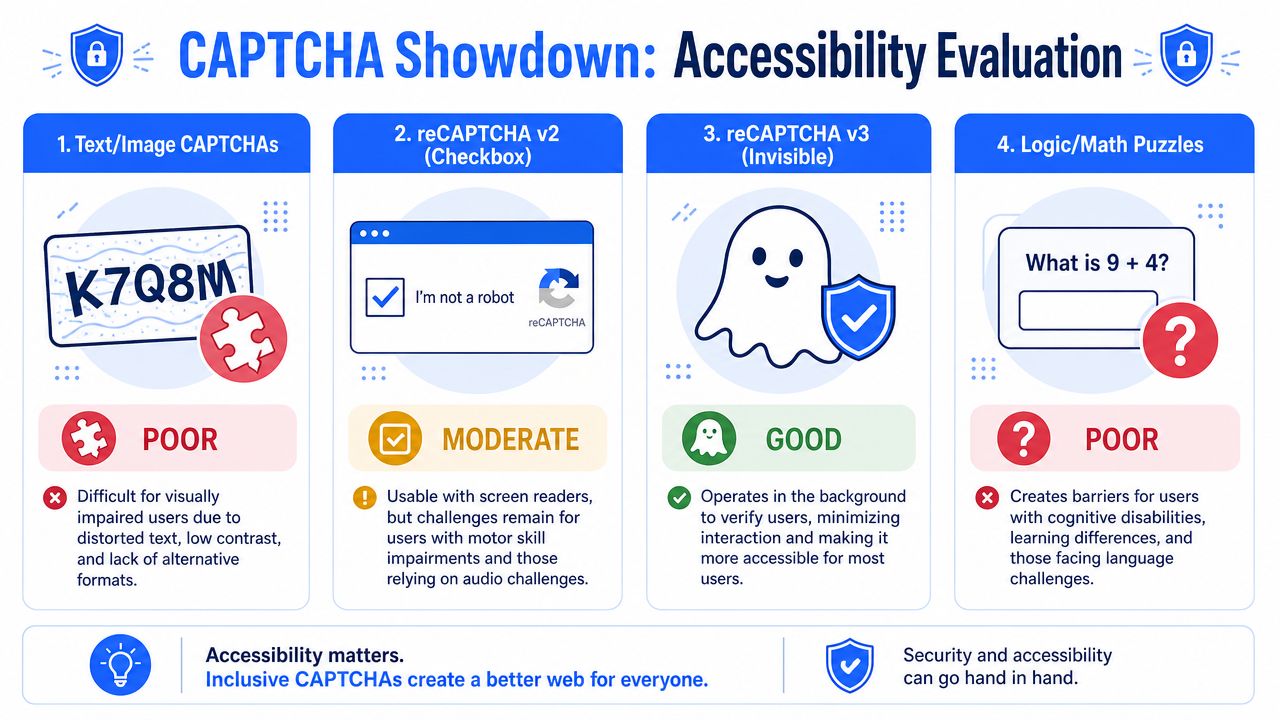 A comparison chart showing the accessibility ratings for four different types of CAPTCHA technology.