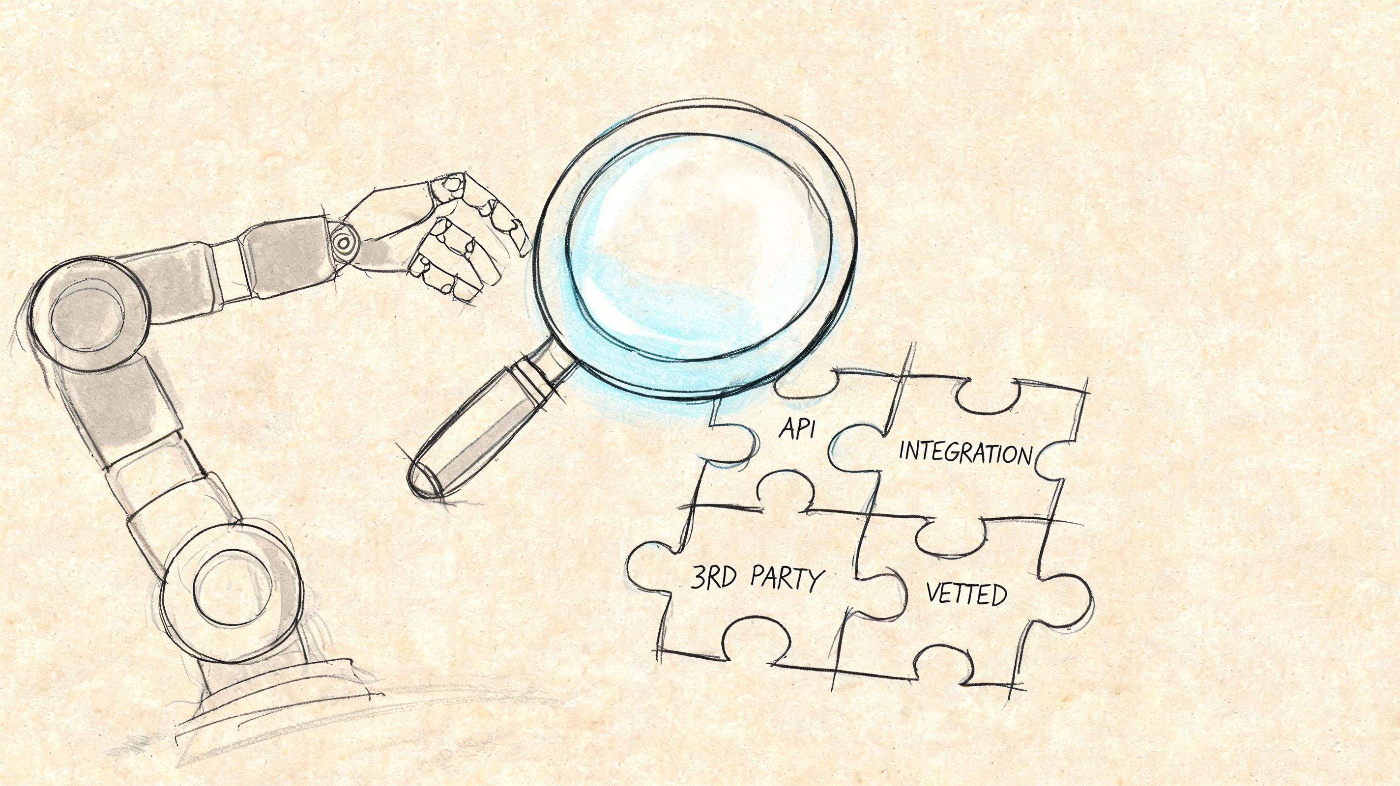A robotic arm uses a magnifying glass to examine a puzzle with labeled software integration components.