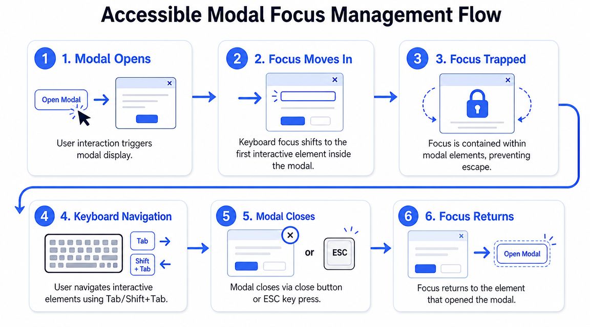 A six-step diagram illustrating the process for maintaining accessible focus management when using a modal dialog.