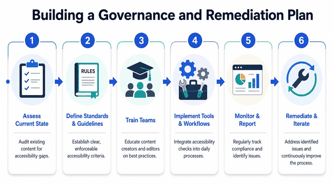 A six-step infographic illustrating a process for building an accessibility governance and remediation plan.
