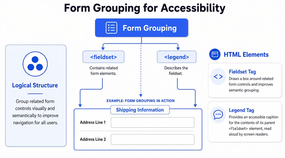 A diagram explaining form grouping for web accessibility using HTML fieldset and legend elements for improved structure.