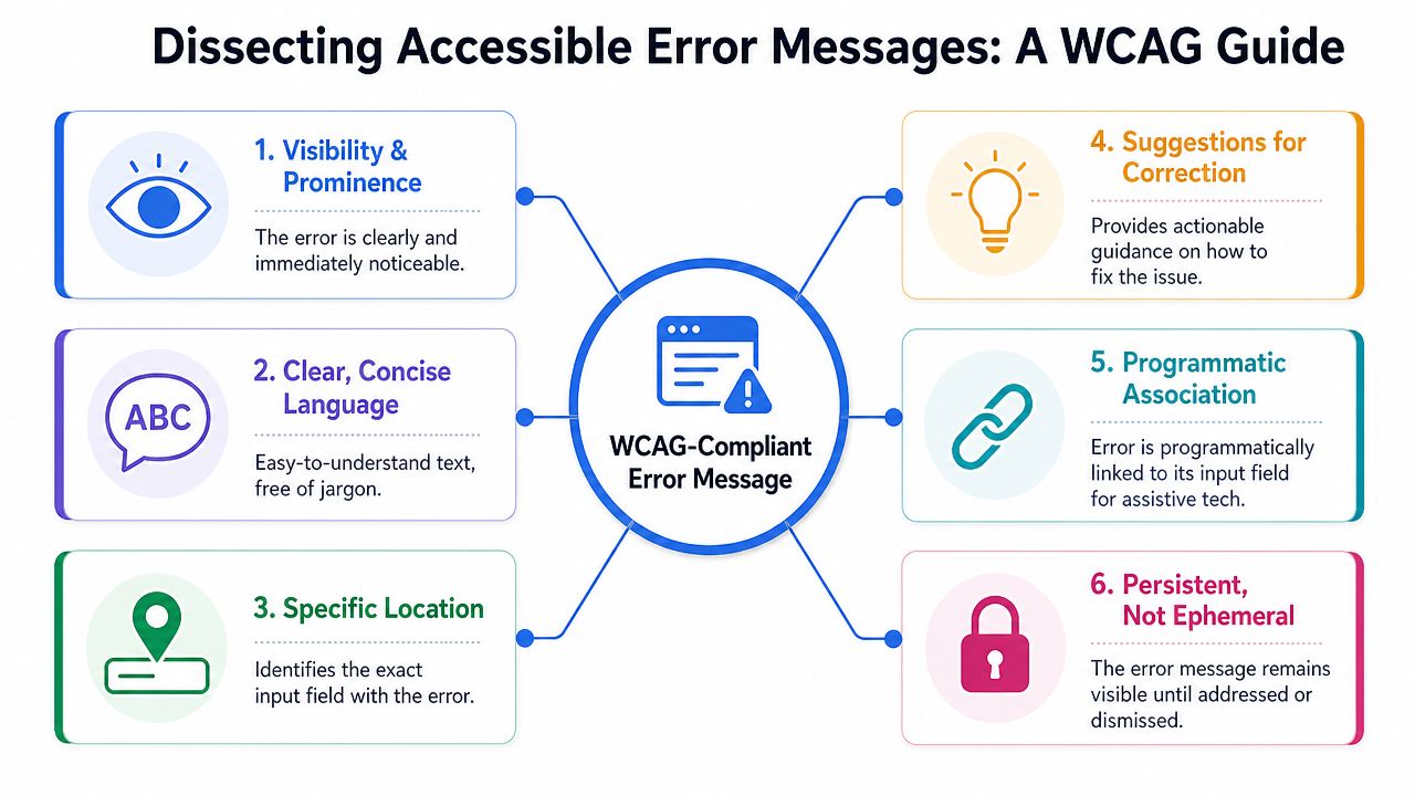 A diagram outlining six key principles for designing WCAG-compliant accessible error messages for user interfaces.
