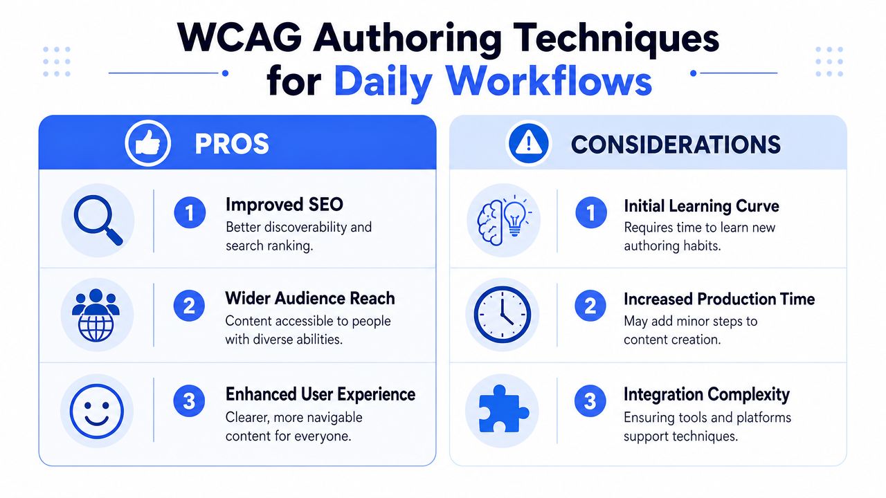 An infographic titled WCAG Authoring Techniques for Daily Workflows outlining the pros and considerations of accessible content creation.