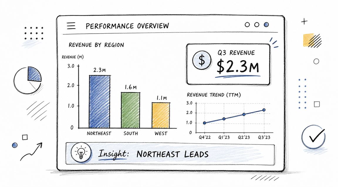 A hand-drawn style dashboard showing quarterly performance overview charts, revenue by region, and trend line data.