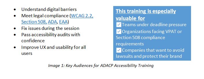 Benefits of ADACP training and a callout listing key audiences such as teams facing VPAT or Section 508 requirements