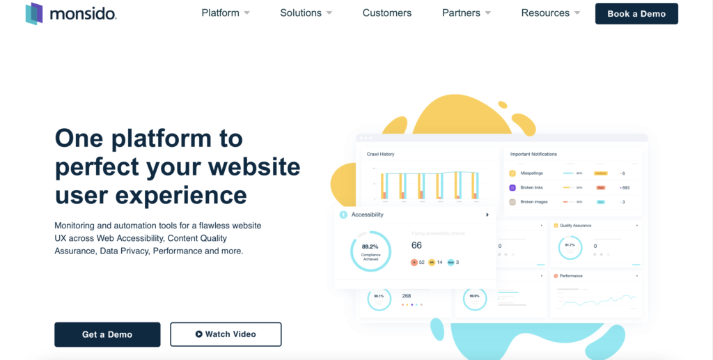 Monsido homepage with dashboard mockup showing accessibility compliance score and quality assurance widgets