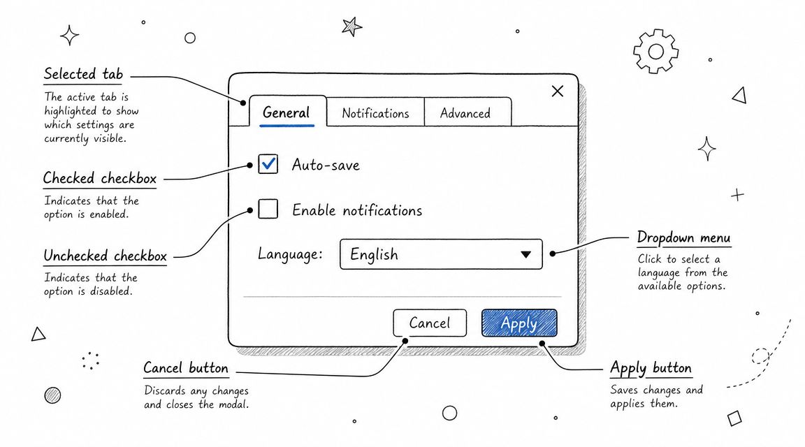 A hand-drawn sketch of a software settings modal window showing labeled UI components like tabs and buttons.