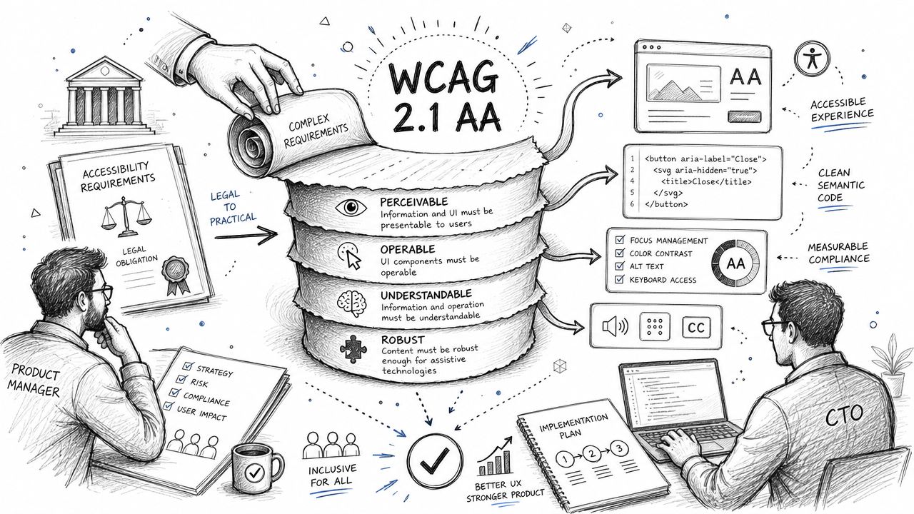 A hand-drawn illustration depicting the four WCAG 2.1 AA accessibility principles: perceivable, operable, understandable, and robust.