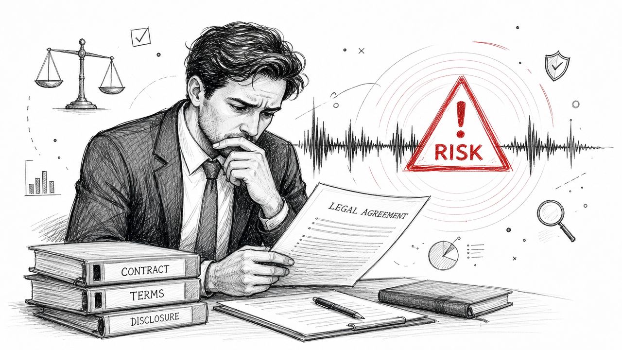 A businessman in a suit reading a legal agreement with a prominent red risk warning symbol.