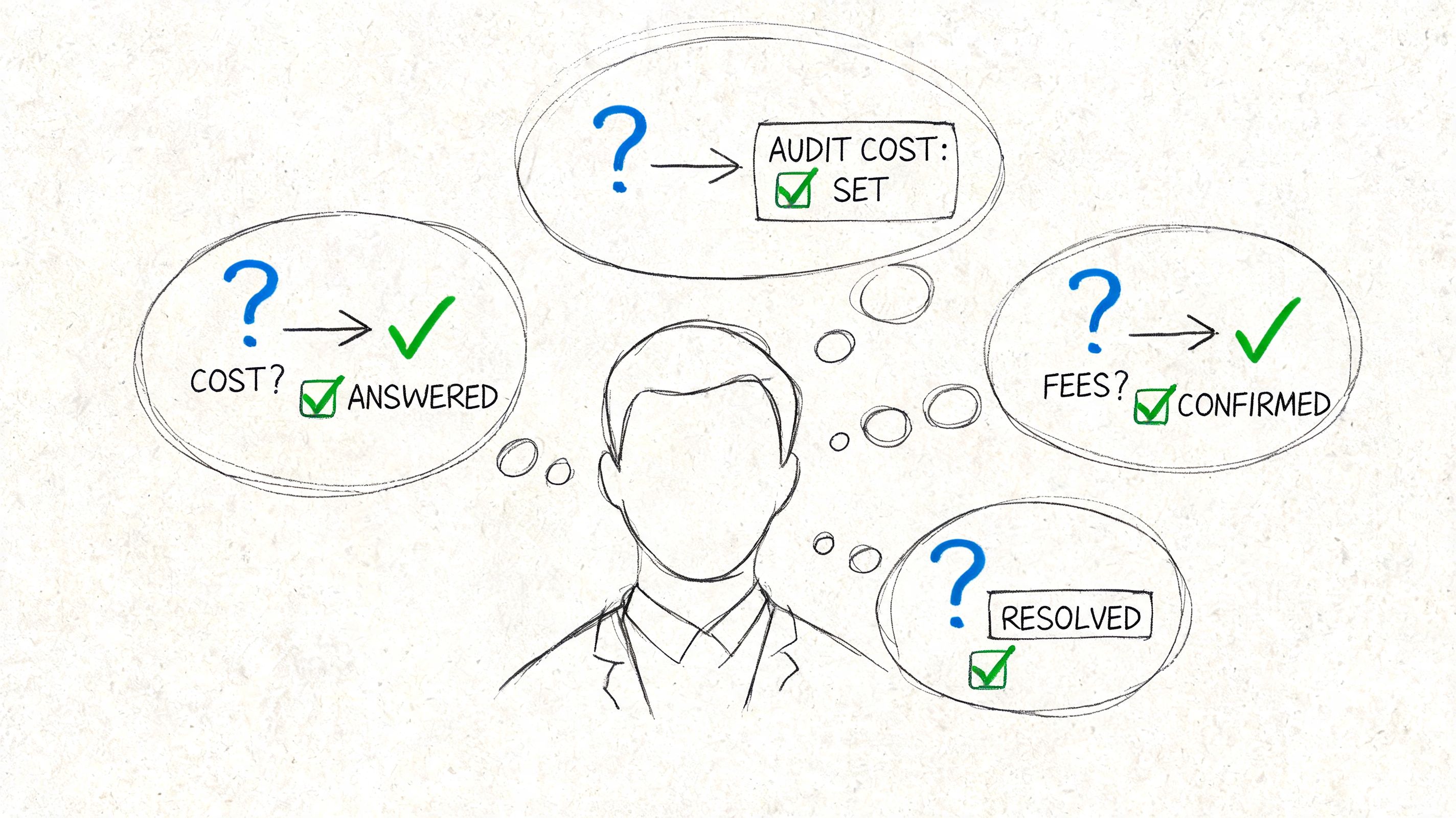 A conceptual sketch showing a person thinking about resolving audit costs and confirmation of professional fees.