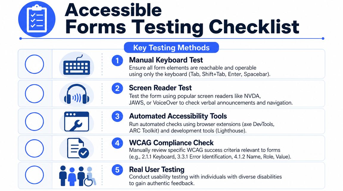 A checklist infographic detailing five essential testing methods for ensuring accessible web forms according to WCAG standards.