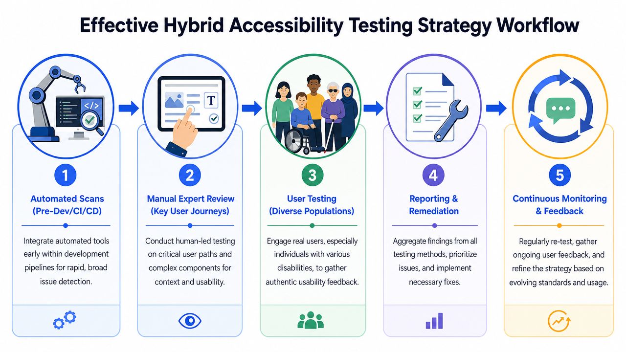 A five-step flowchart illustrating a hybrid accessibility testing strategy using automated scans, expert reviews, and user feedback.