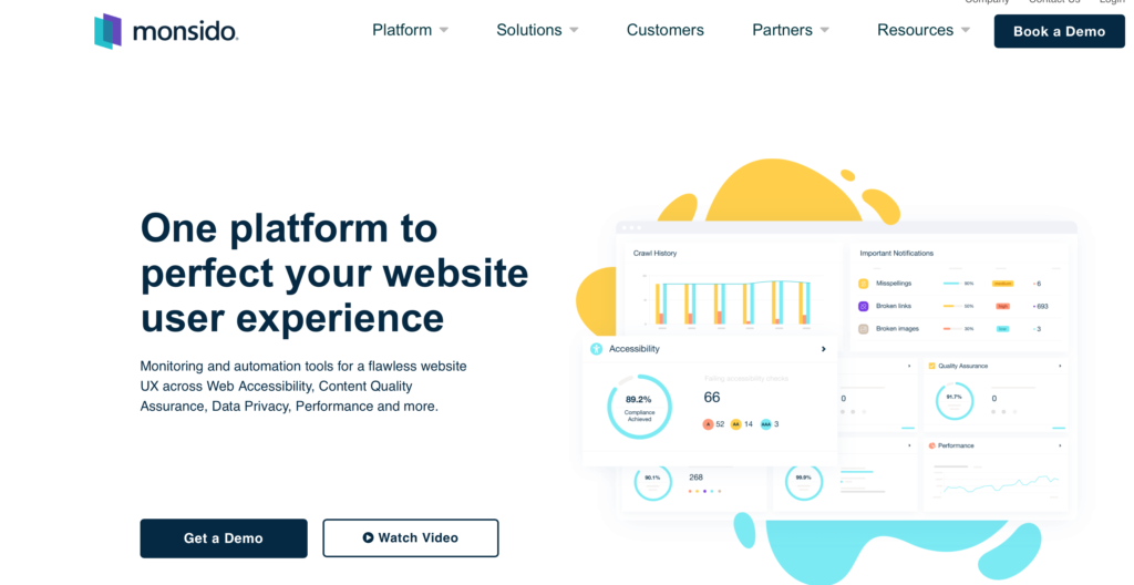 Monsido homepage promoting one platform for website UX with an accessibility compliance dashboard preview