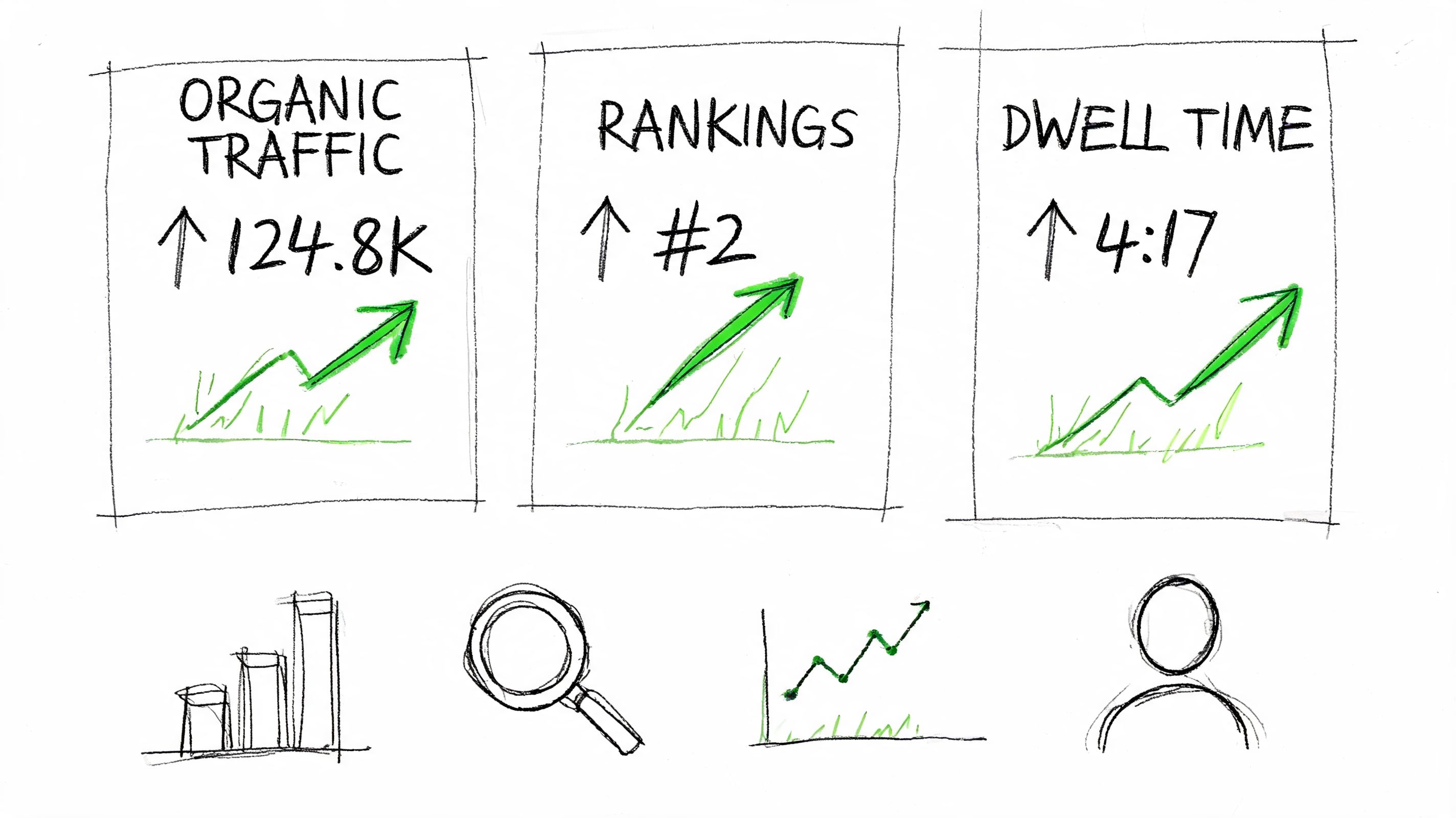 A sketch illustration showing metrics for organic traffic, rankings, and dwell time with upward trending arrows.