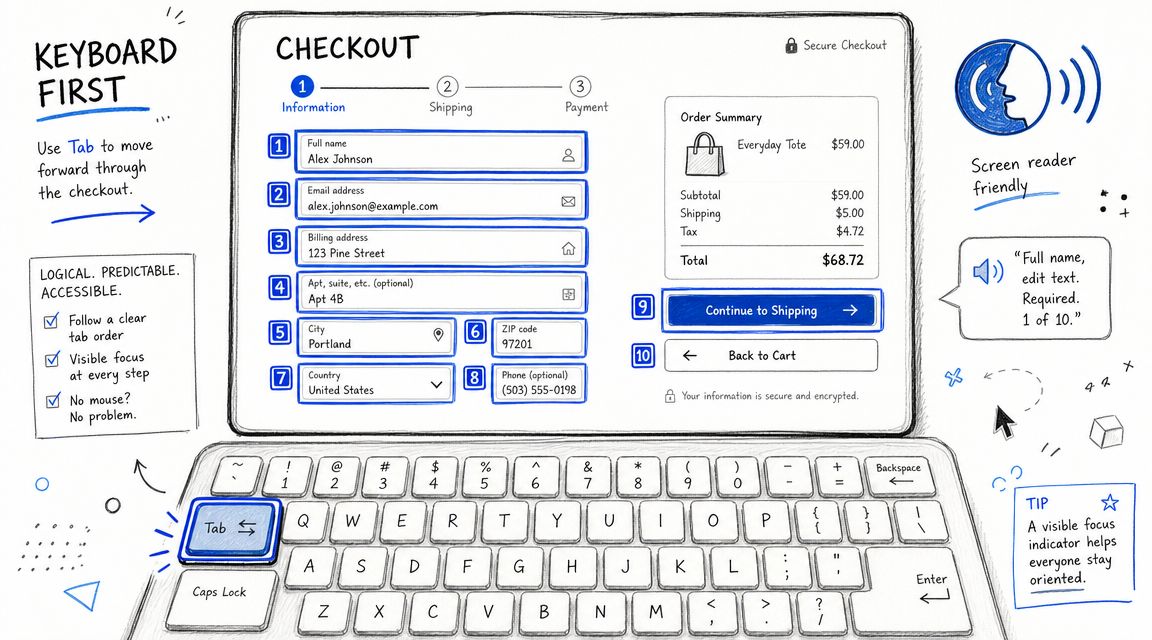 A diagram illustrating a keyboard-first checkout process with numbered form fields for accessible web design.