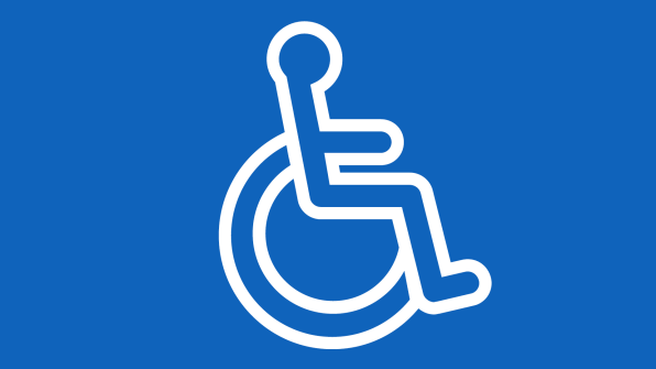 White wheelchair symbol on a blue background, the universal symbol of access for people with disabilities