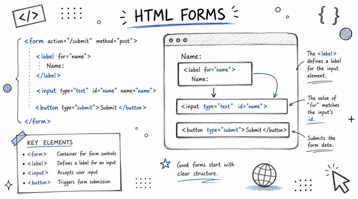 A hand-drawn educational infographic explaining the basic structure and elements of an HTML form for web development.