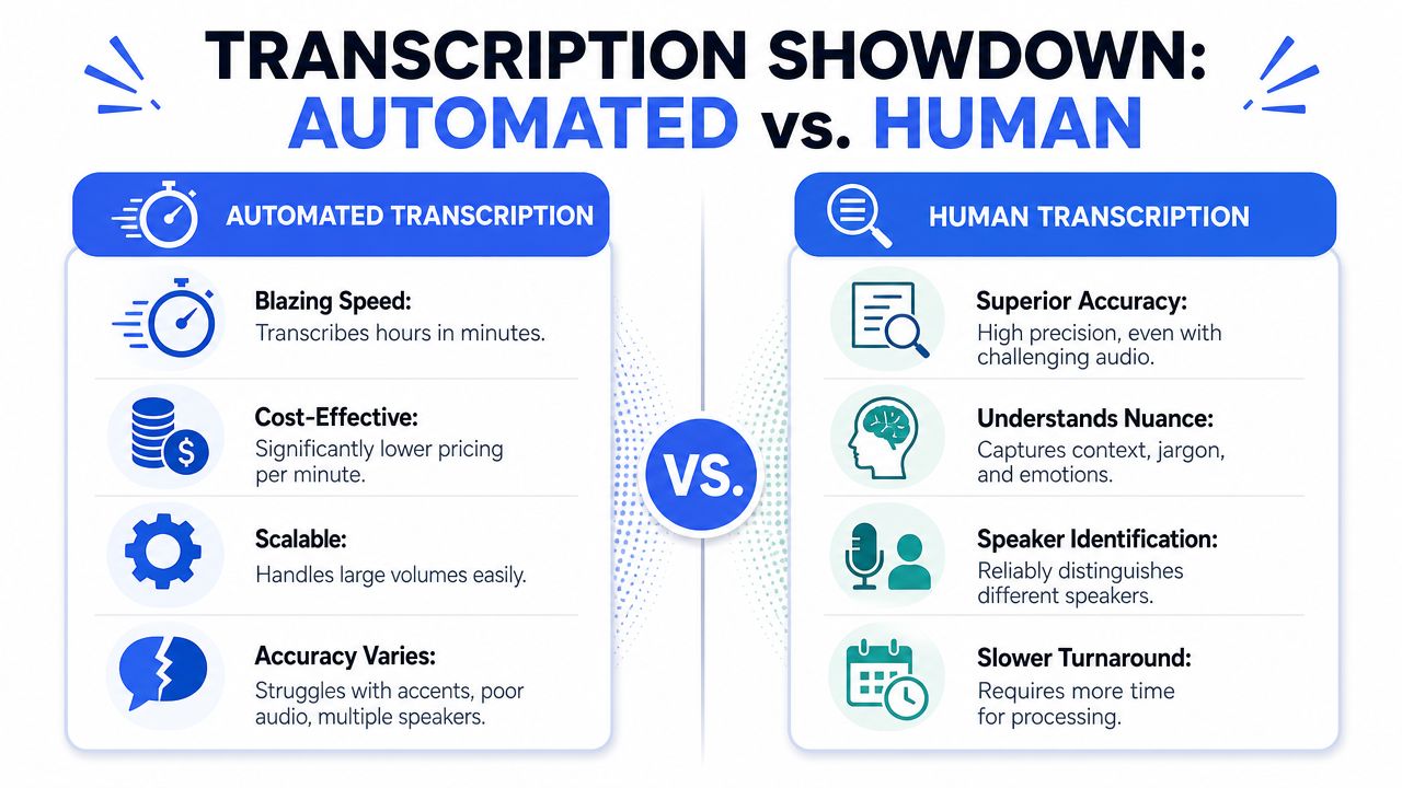 A comparison infographic showing the pros and cons of automated versus human transcription services for businesses.