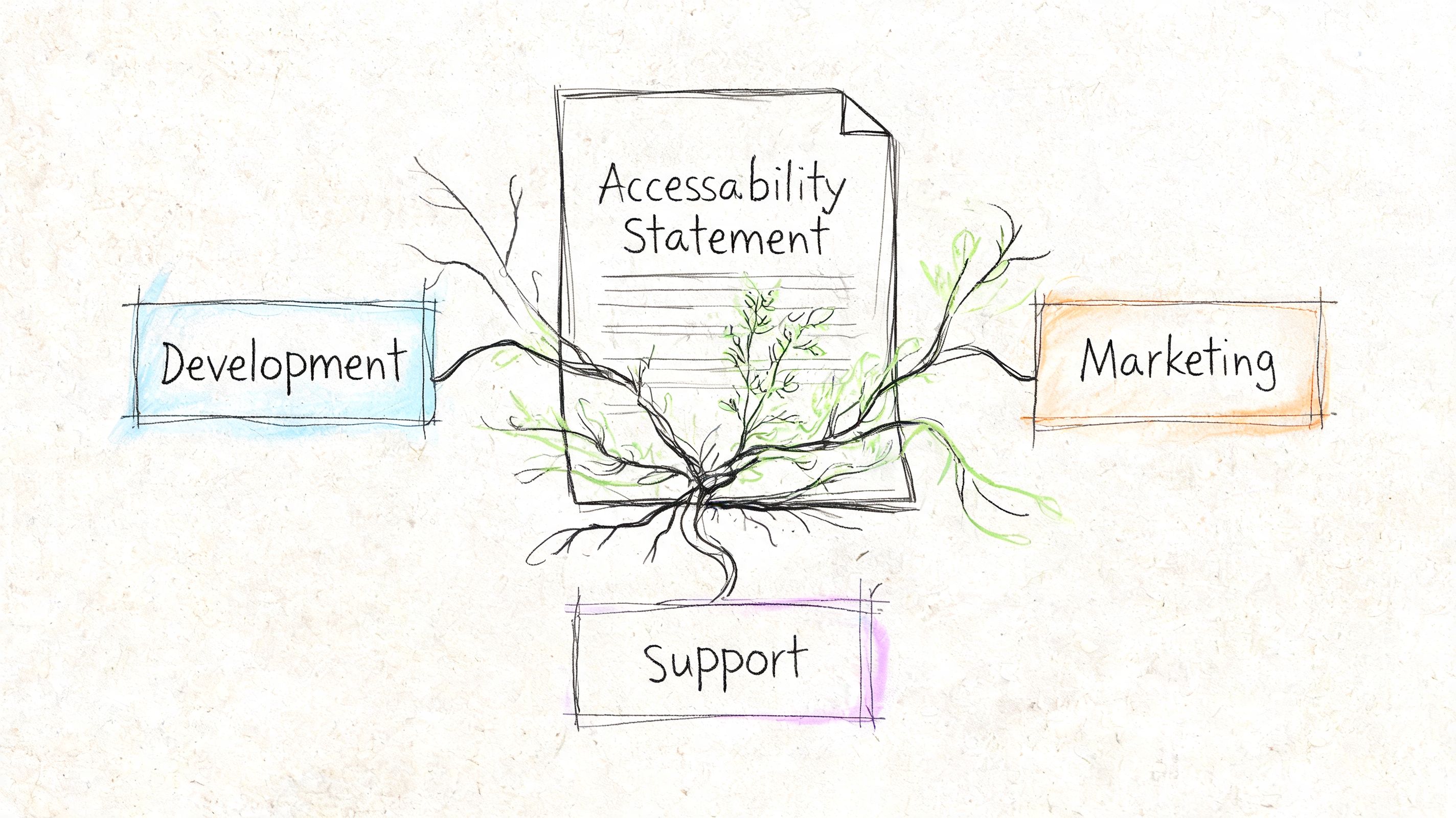 A hand-drawn illustration showing an accessibility statement document connected to development, marketing, and support teams.