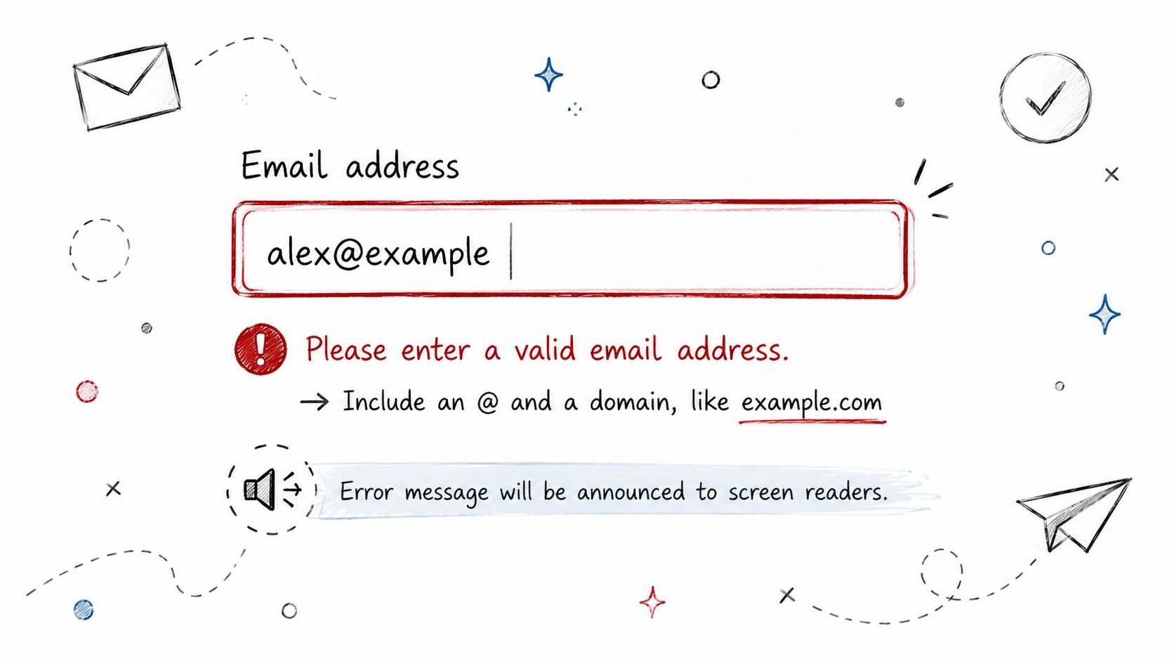 A hand-drawn illustration showing an invalid email input field with an error message and accessibility explanation.