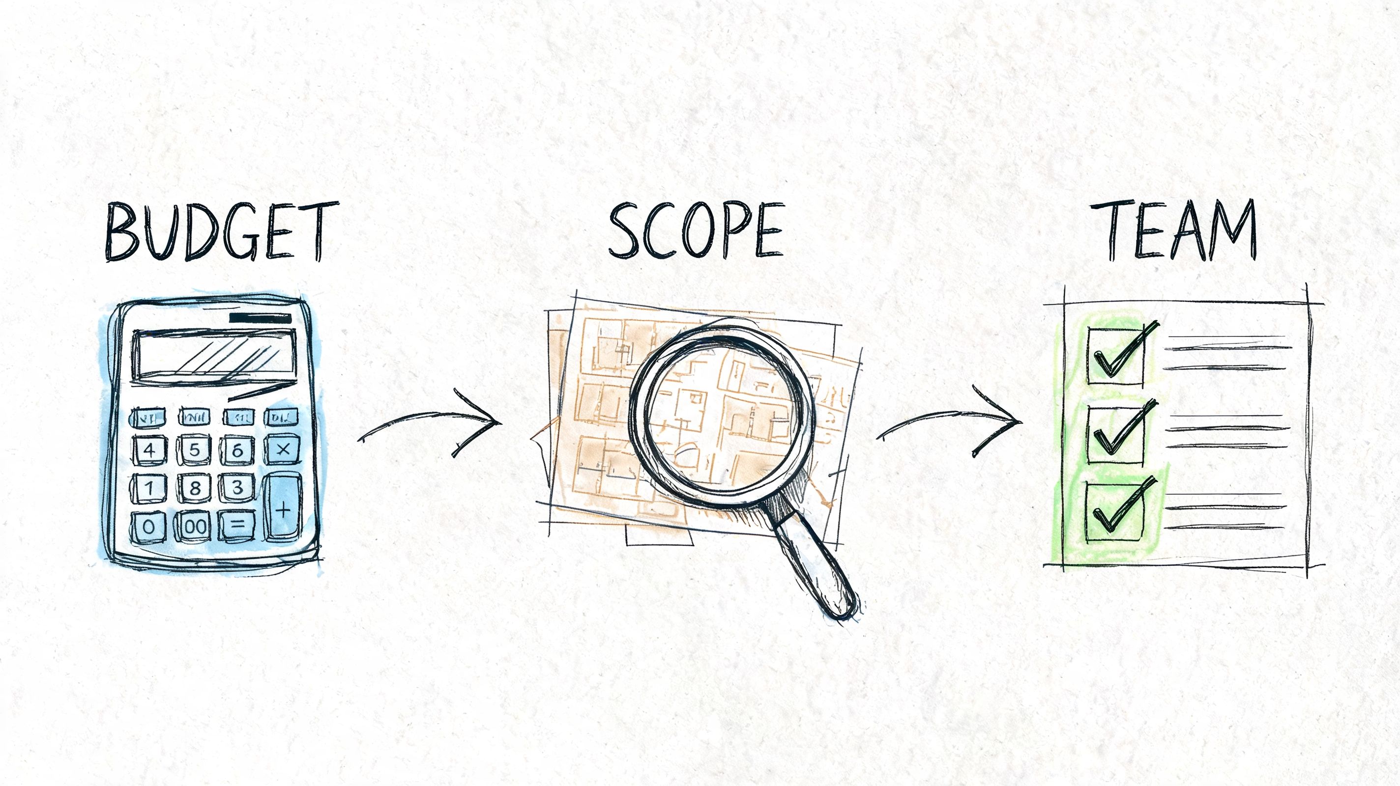 A hand-drawn illustration showing the flow from Budget to Scope and then to Team.