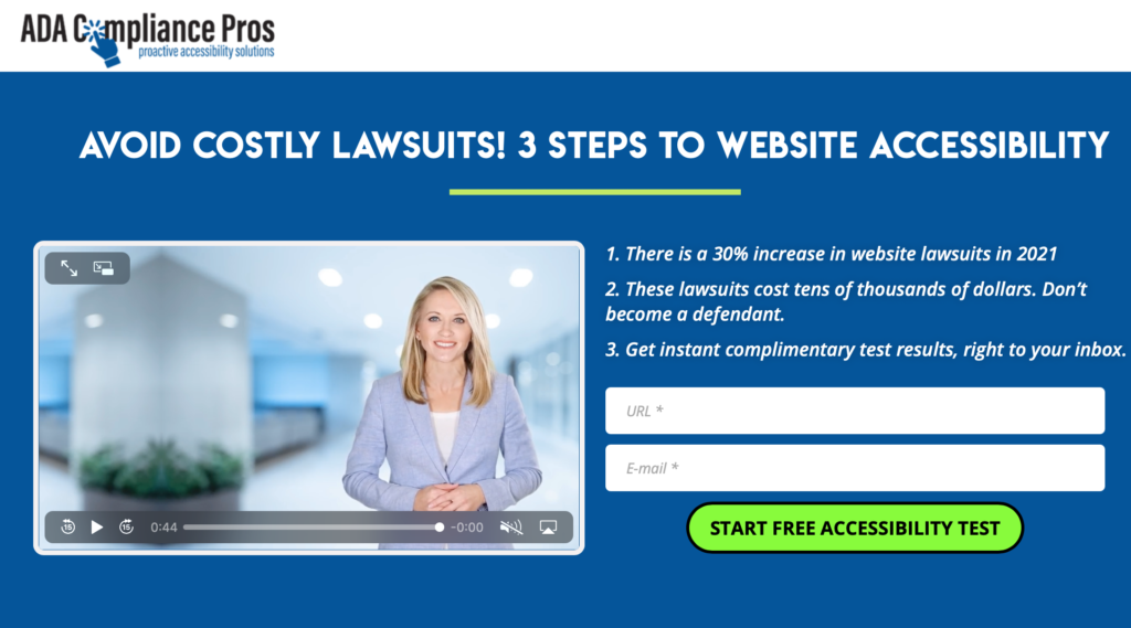 ADA Compliance Pros landing page offering a free website accessibility test to avoid costly lawsuits