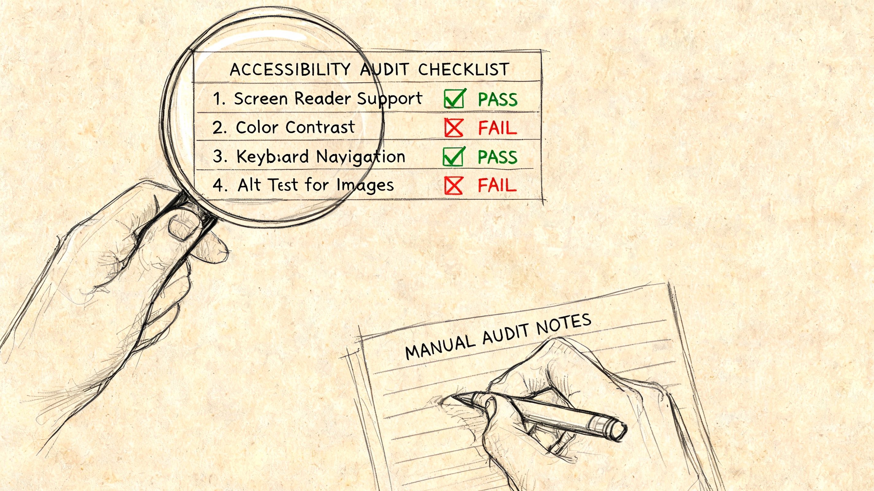 A hand holding a magnifying glass over an accessibility audit checklist with pass and fail results.