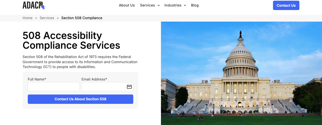 ADACP 508 compliance page showing the Contact Us About Section 508 button in its default state before hover