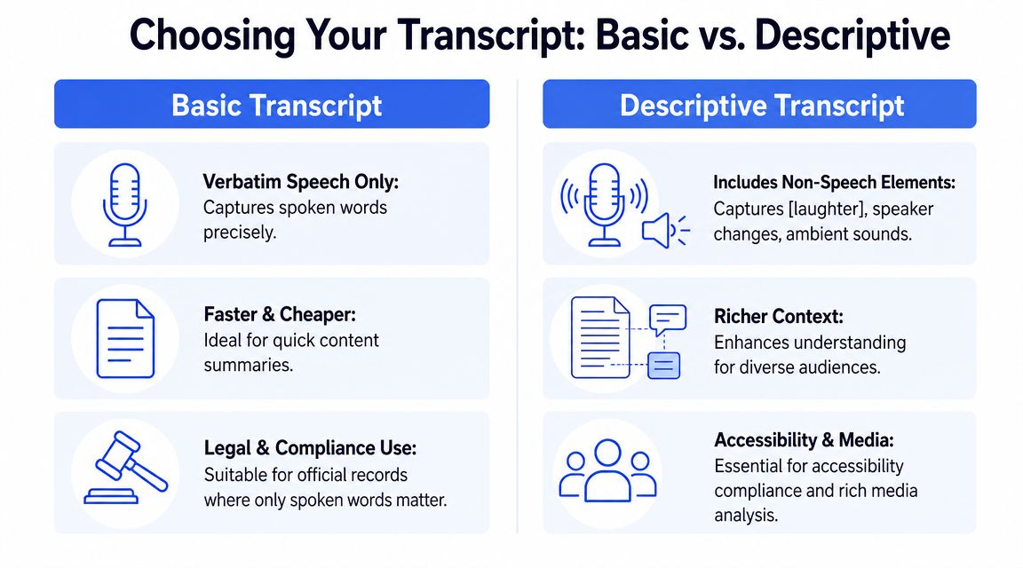 A comparison chart outlining the differences between basic transcripts and descriptive transcripts for audio and video.