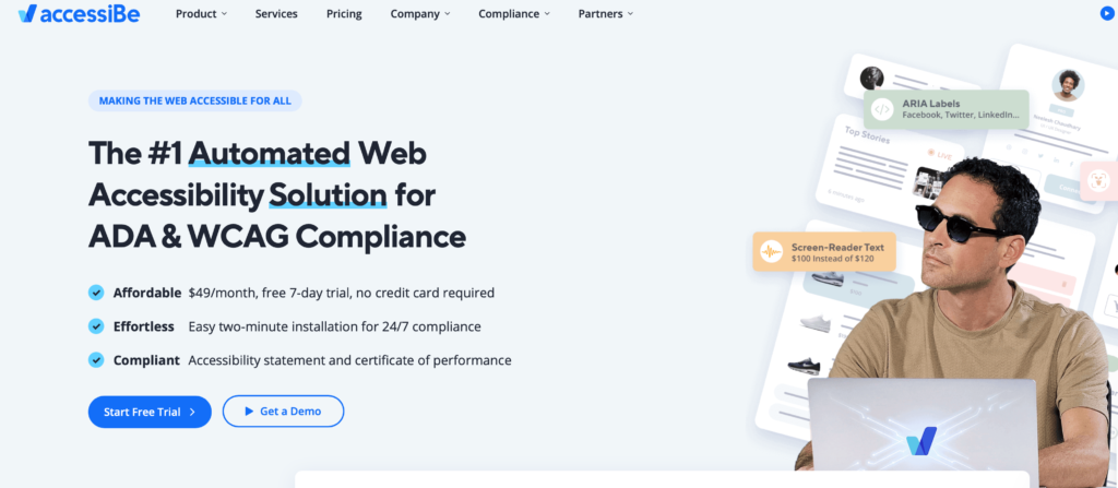 accessiBe homepage billing itself as the #1 automated web accessibility solution for ADA and WCAG compliance