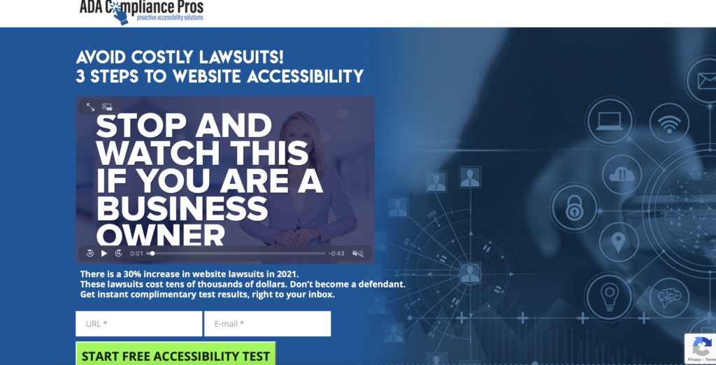 ADA Compliance Pros homepage promoting a free accessibility test and 3 steps to website accessibility