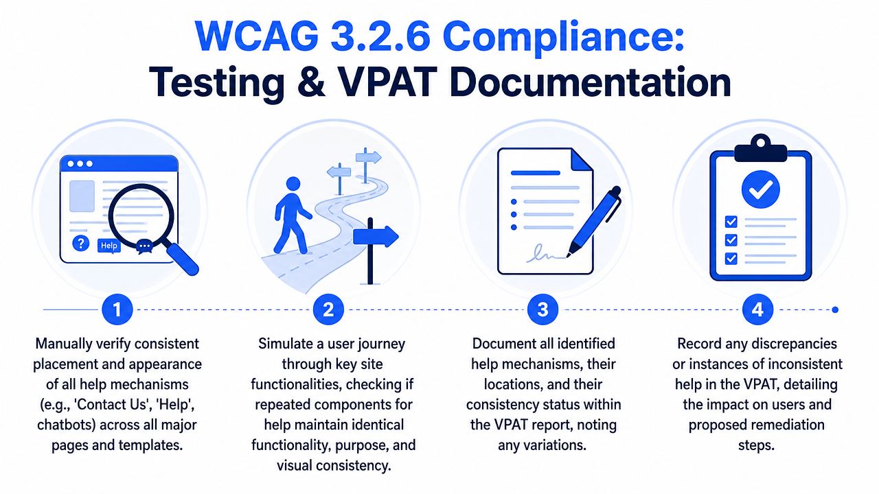 A step-by-step guide on achieving WCAG 3.2.6 compliance for consistent help mechanisms on websites.