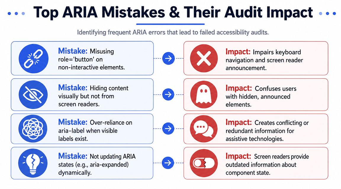 A chart detailing common ARIA accessibility mistakes and their negative impact on user experience and audits.