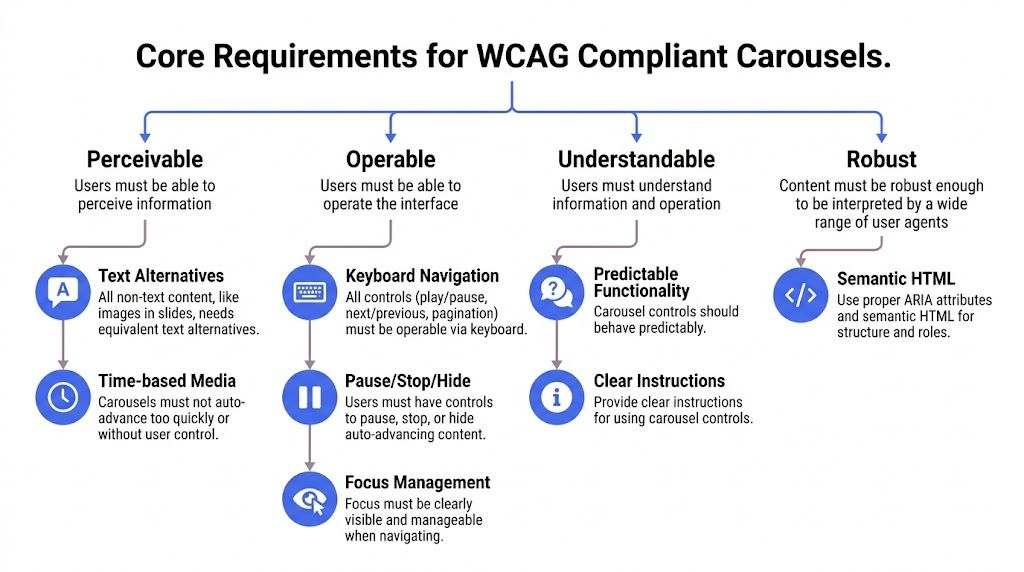 A flowchart outlining the core requirements for making web carousels accessible, including perceivable, operable, understandable, and robust criteria.