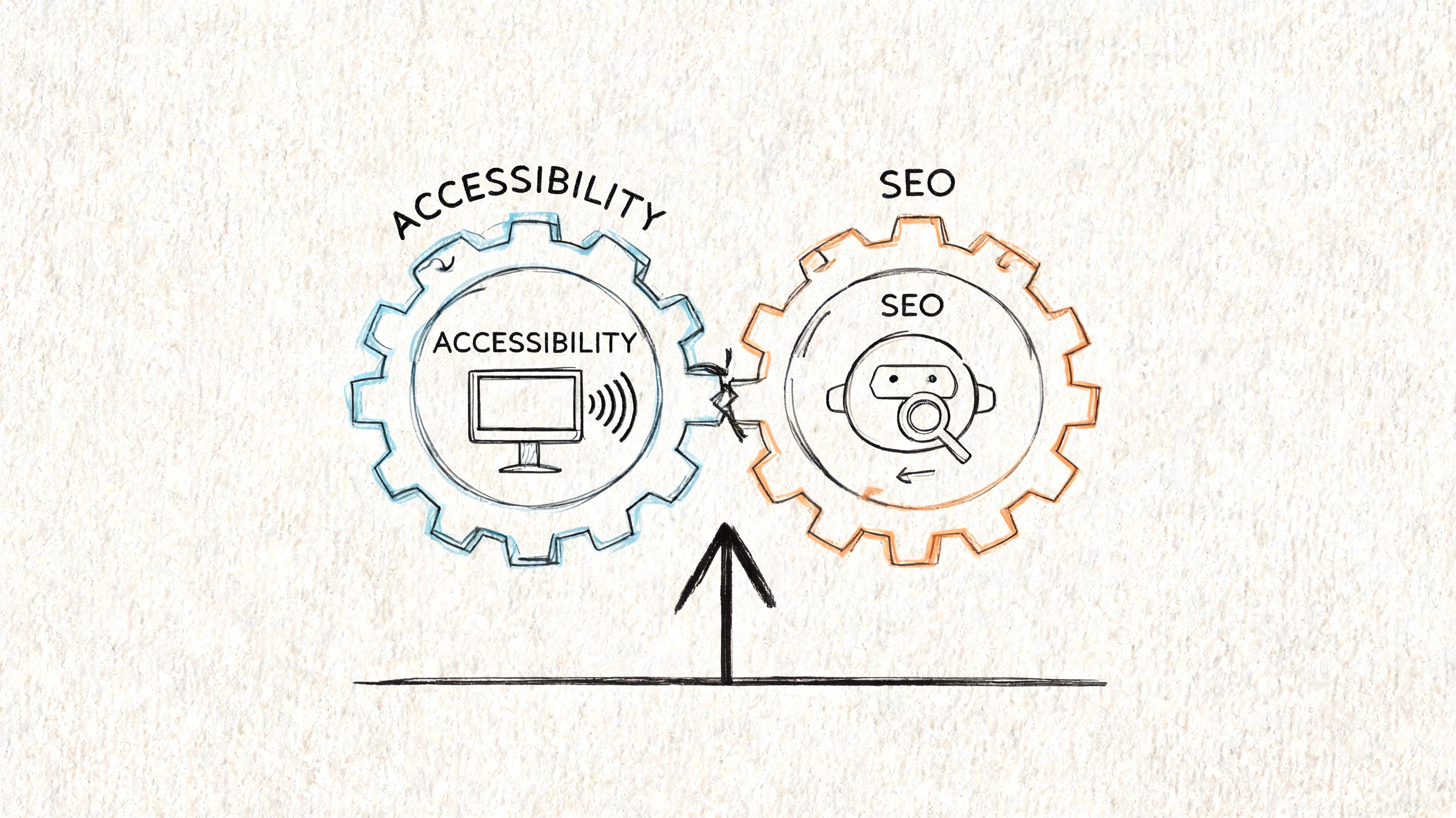 A conceptual sketch showing two interlocking gears representing accessibility and search engine optimization working together.