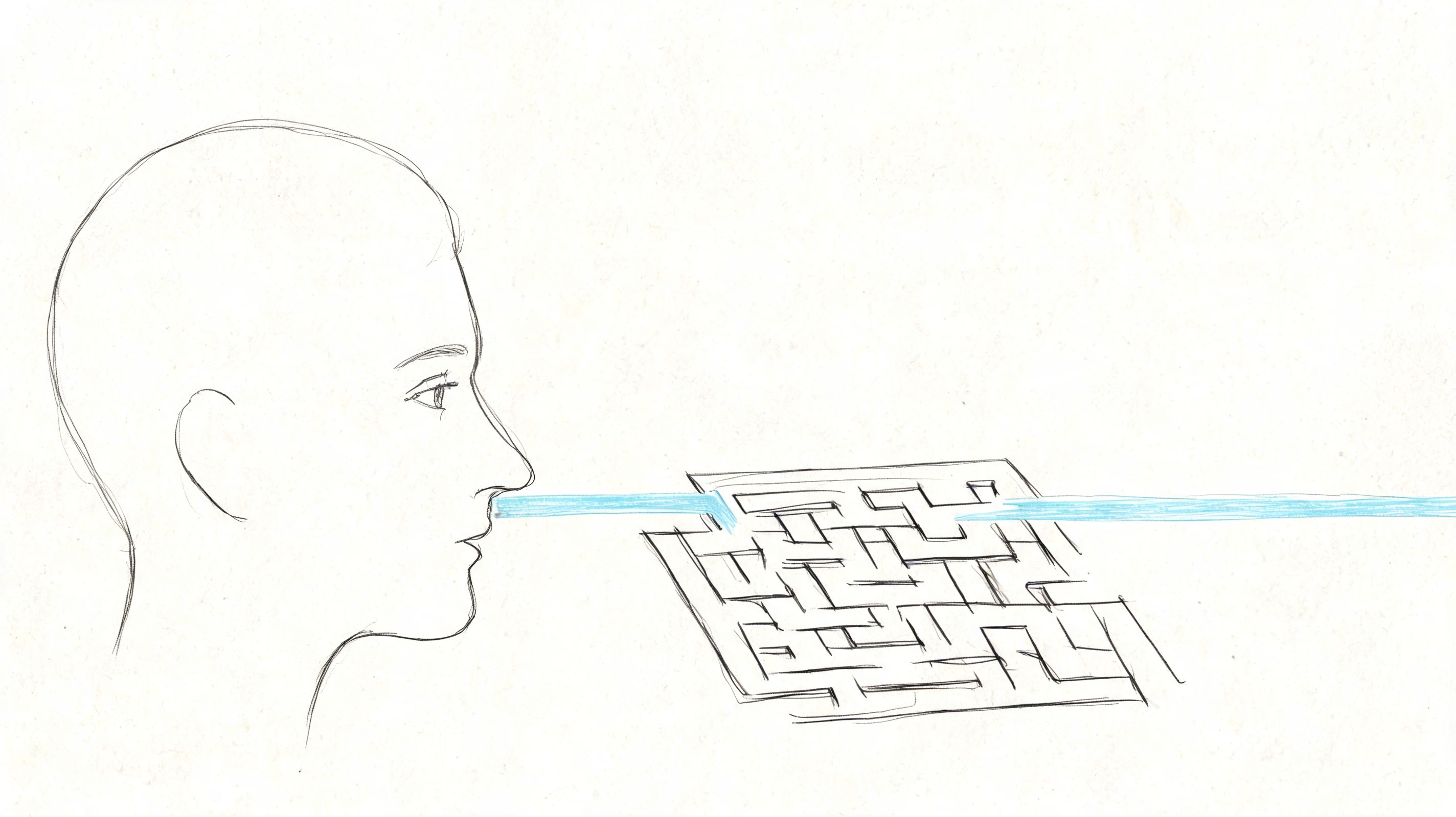 A pencil sketch of a human profile with a blue line representing thought passing through a maze.