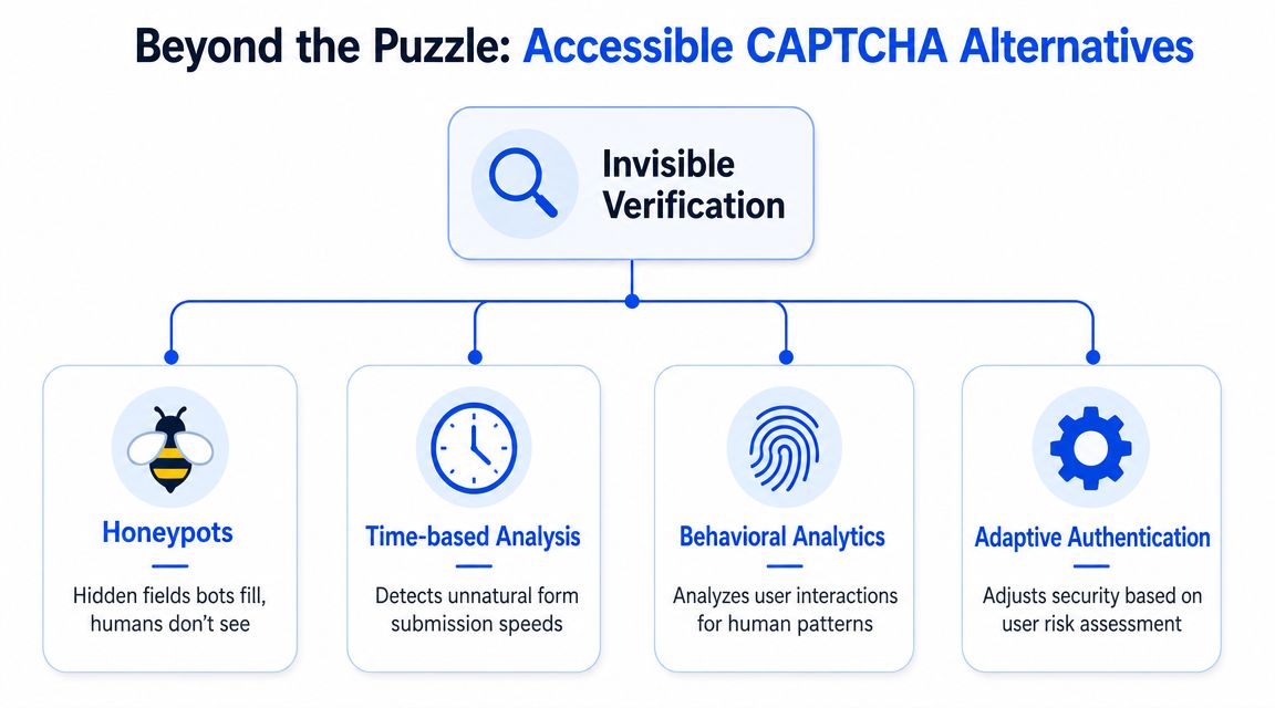 A diagram outlining invisible CAPTCHA alternatives including honeypots, time-based analysis, behavioral analytics, and adaptive authentication for accessibility.