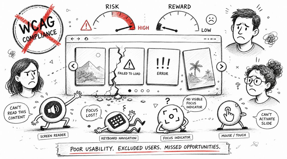 A hand-drawn illustration depicting the negative impact of an inaccessible web carousel on user experience.