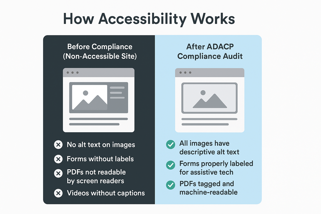 Infographic contrasting a non-accessible site (missing alt text, unlabeled forms) with the same site after an ADACP audit