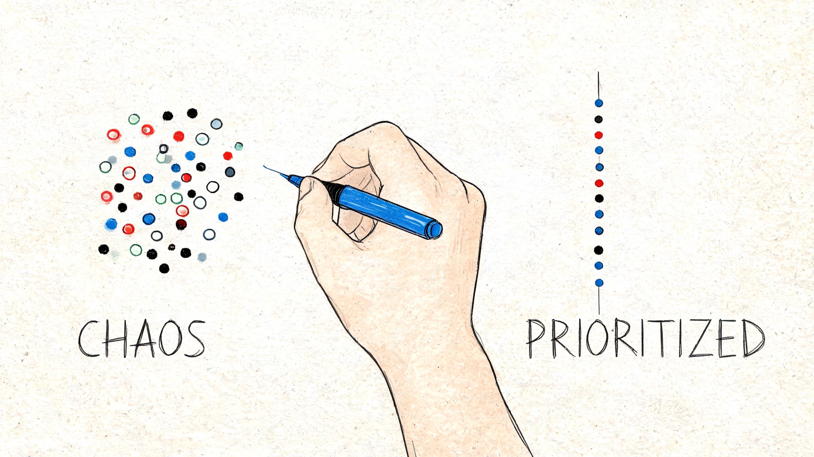 A hand using a pen to reorganize scattered colored dots into a structured vertical prioritized list.