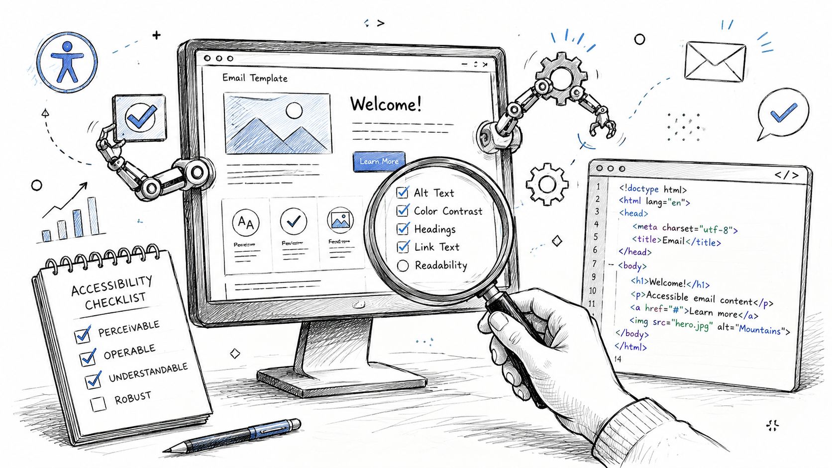 A hand holds a magnifying glass over an email template checklist, symbolizing the process of ensuring digital email accessibility.
