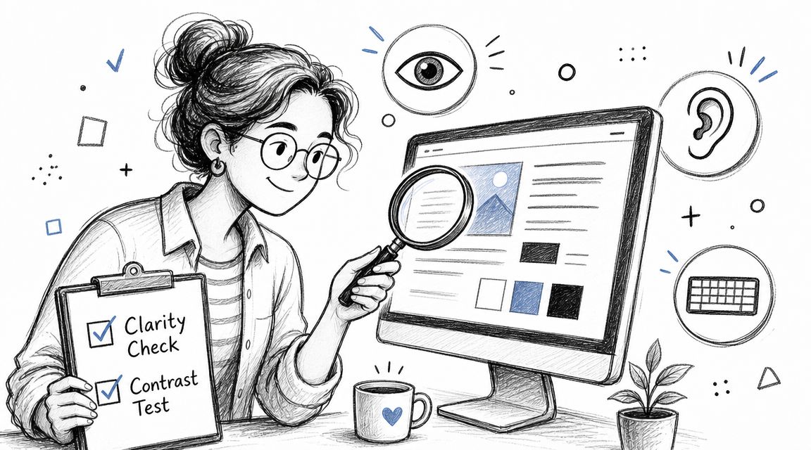 A woman checking website accessibility with a magnifying glass while holding a checklist for clarity and contrast.